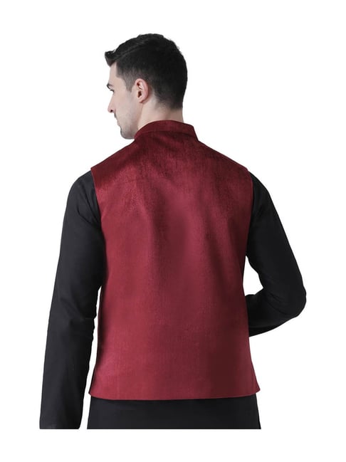 Solid Color Polyester Nehru Jacket in Wine : MAN354