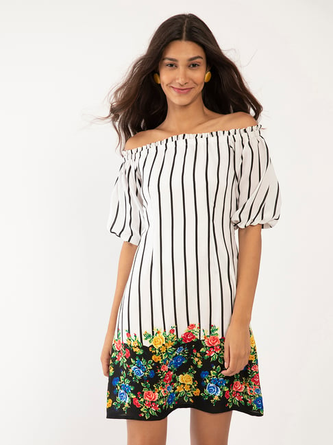 Zink London White & Black Striped Dress Price in India