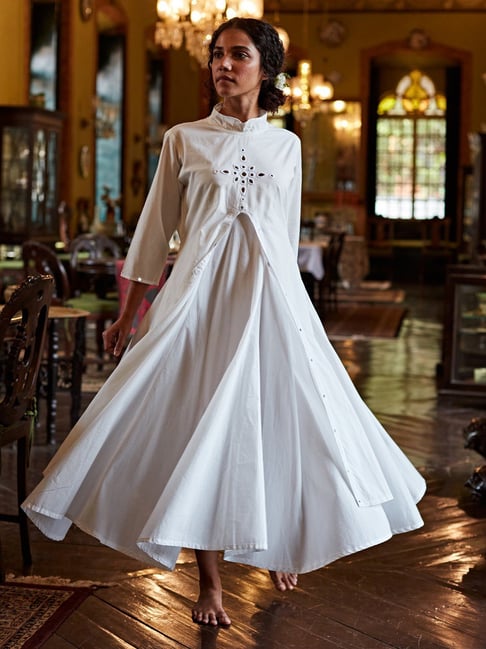 White Floral Print A-Line Midi Dress For Women – Zink London