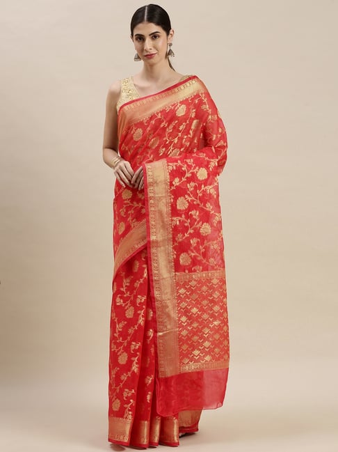 Geroo Jaipur Red Kota Silk Floral Zari Saree With Blouse-picture-17