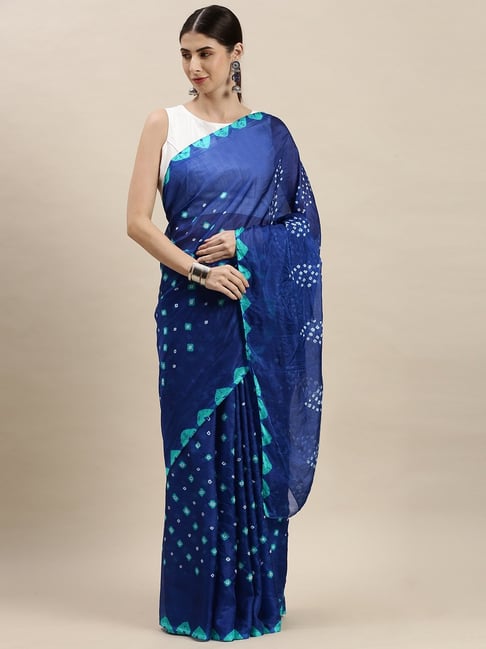 Geroo Jaipur Blue Hand Dyed Bandhani Silk Saree With Blouse Price in India