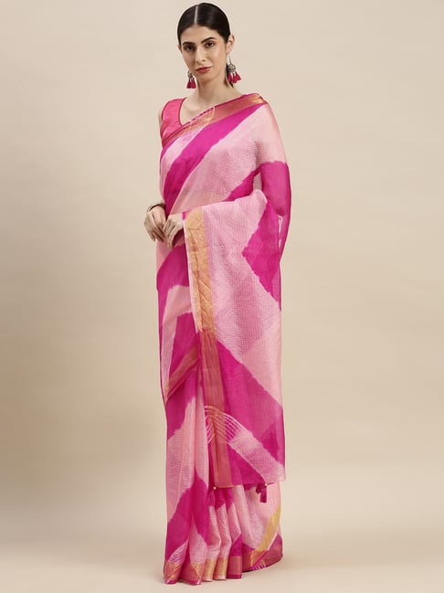 Geroo Jaipur Pink Hand Dyed Bandhani Kota Silk Saree With Blouse Price in India