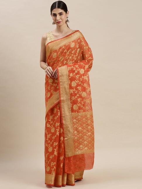 Geroo Jaipur Orange Kota Silk Floral Zari Saree With Blouse-picture-39