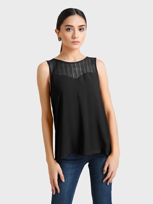 Kazo Black Round Neck Lace Top