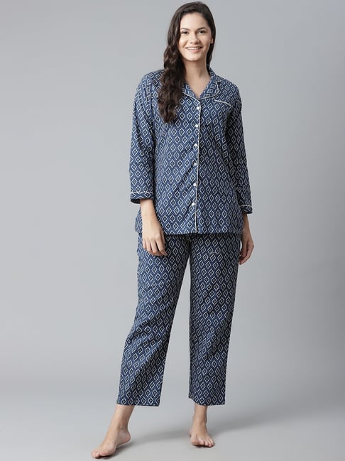 Divena Navy Blue Printed Cotton Top & Pant Set-picture-22