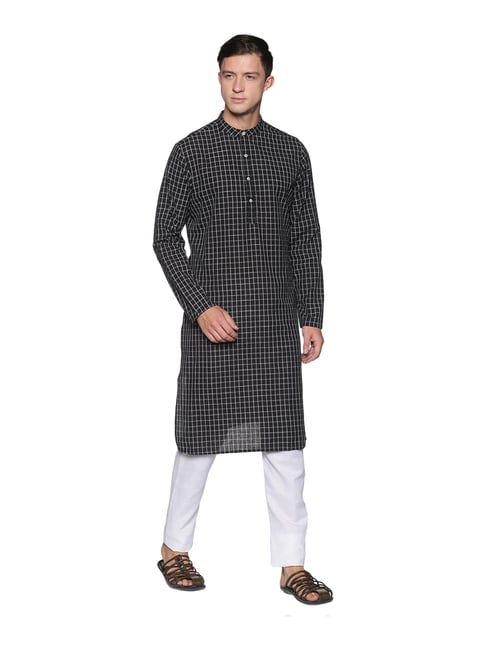 Buy Saffron Threads Black Check Mandarin Collar Kurta for Men s