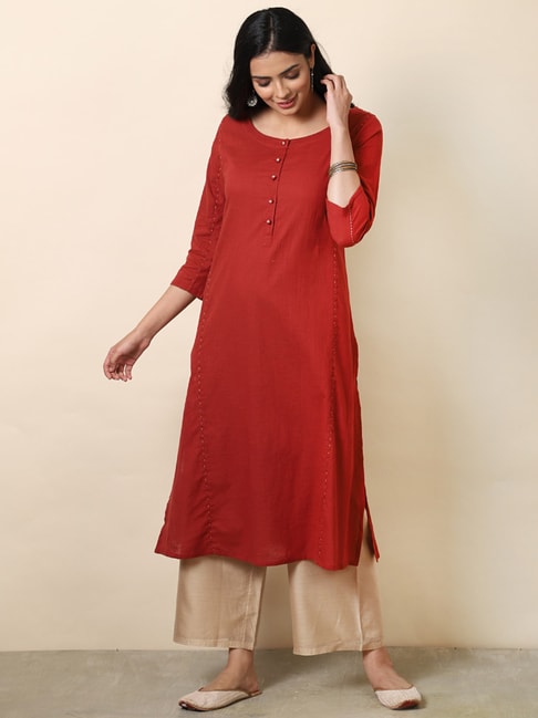 Fabindia Red & Beige Cotton Kurta Palazzo Set Price in India
