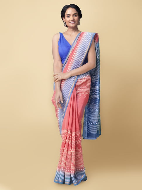 Unnati Silks Pure Block Printed Chanderi Sico Saree with Blouse Price in India