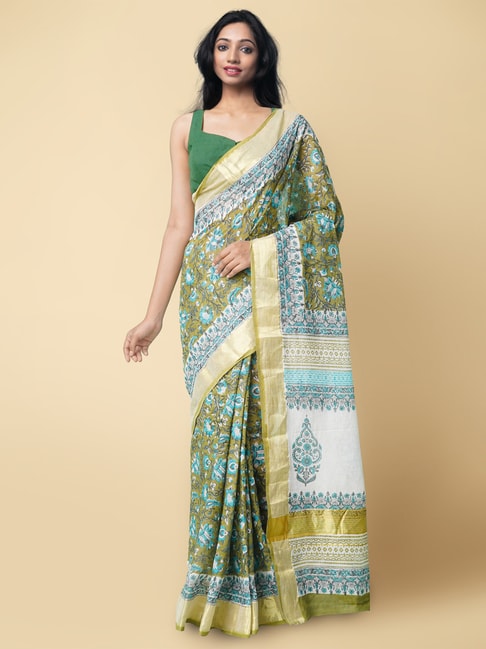 Unnati Silks Pure Hand Block Printed Kerala Cotton Saree with Blouse Price in India