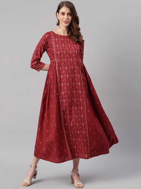 Janasya Maroon Printed Maxi Dress Price in India