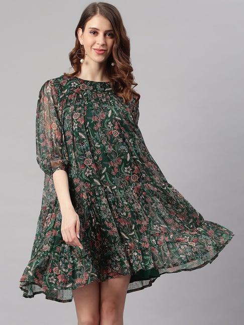 Janasya Green Printed A Line Dress Price in India
