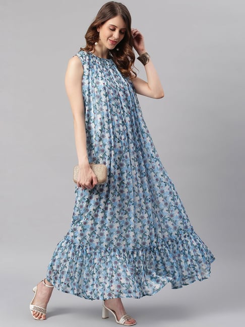 Janasya Blue Printed Maxi Dress Price in India