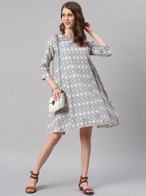 Janasya Grey & Blue Printed A Line Dress Price in India