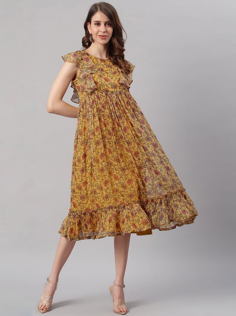 Janasya Mustard Printed A Line Dress Price in India