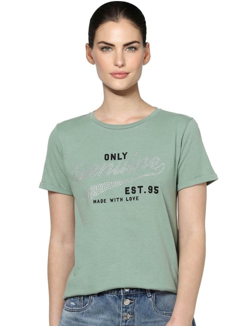 Only Hedge Green Embellished T-Shirt Price in India