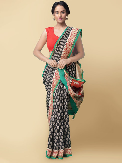 Unnati Silks Women's Pure Preet Bagru Chanderi Sico Saree with Blouse Price in India