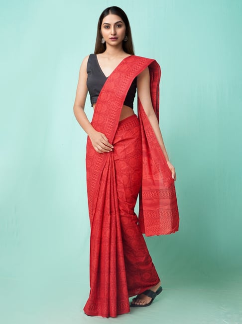 Unnati Silks Women's Pure Hand Block Printed Cotton Saree with Blouse Price in India