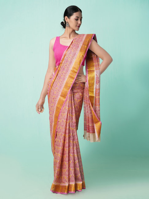 Unnati Silks Women's Block Printed Kerala Jute Cotton Saree with Blouse Price in India