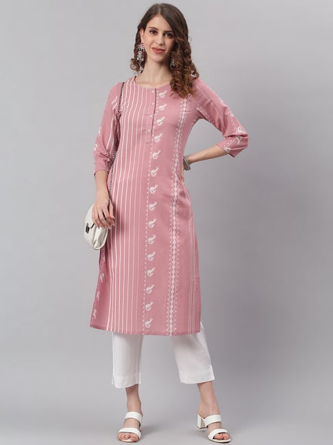 Janasya Pink Printed Straight Kurta Price in India