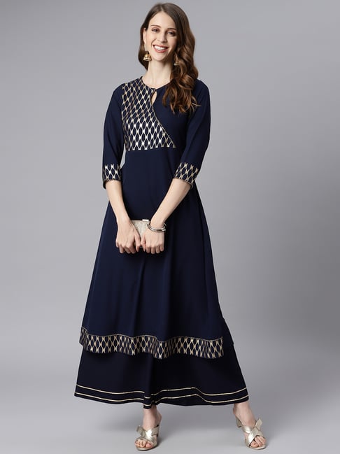 Janasya Navy Printed Flared Kurta Price in India