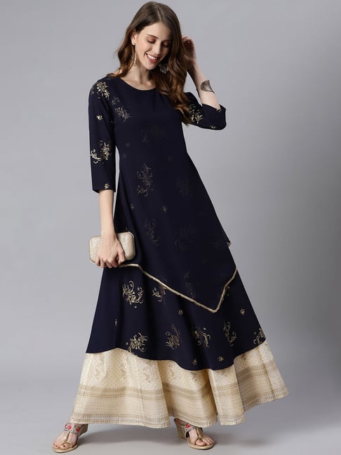 Janasya Navy Printed High Low Kurta Price in India