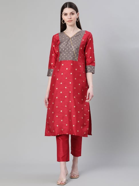 Ziyaa Red Printed Straight Kurta