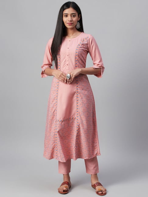 Ziyaa Pink Printed A Line Kurta