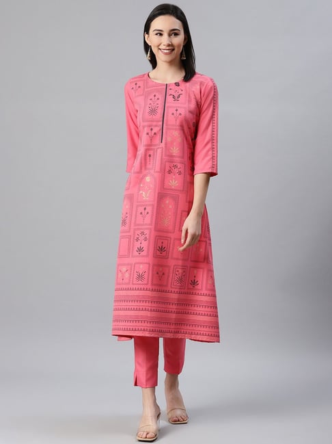 Ziyaa Pink Printed A Line Kurta