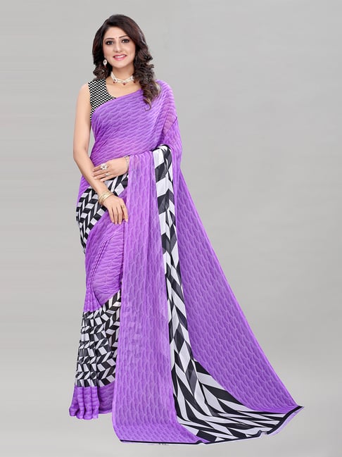 Satrani Purple Georgette Printed Saree with Blouse Price in India