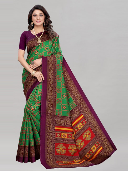 Satrani Green Poly Silk Printed Saree with Blouse Price in India