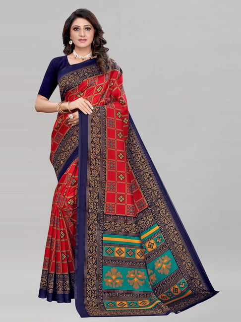 Satrani Red Poly Silk Printed Saree with Blouse Price in India