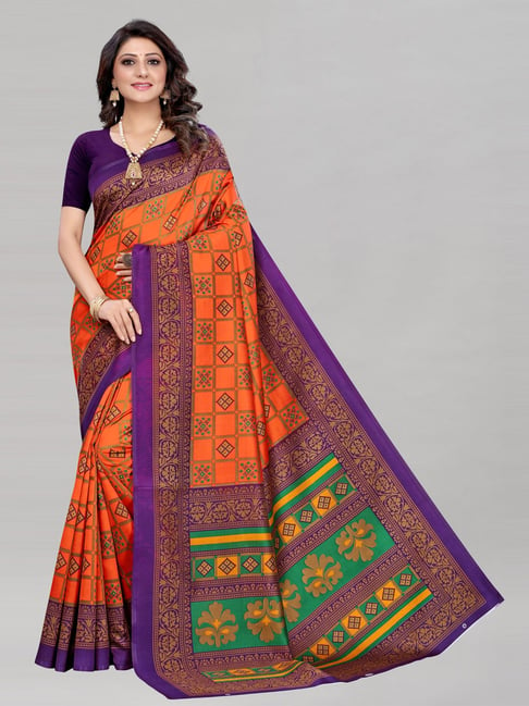 Satrani Orange Poly Silk Printed Saree with Blouse Price in India