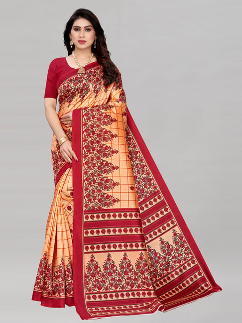 Satrani Light Orange Poly Silk Floral Printed Saree with Blouse Price in India