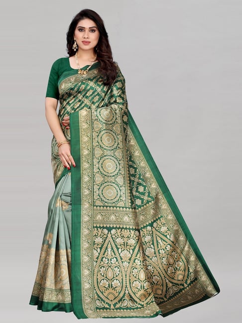 Satrani Green Poly Silk Printed Saree with Blouse Price in India