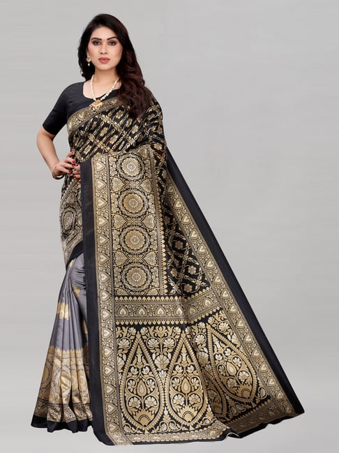 Satrani Black Poly Silk Printed Saree with Blouse Price in India