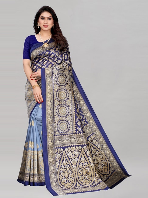 Satrani Navy Blue Poly Silk Printed Saree with Blouse Price in India