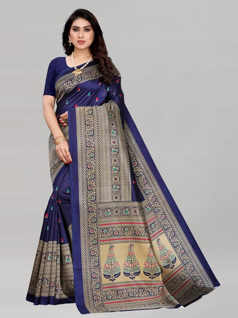 Satrani Navy Blue Poly Silk Printed Saree with Blouse Price in India