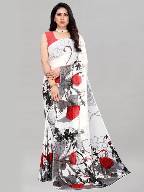 Satrani White Georgette Floral Printed Saree with Blouse Price in India