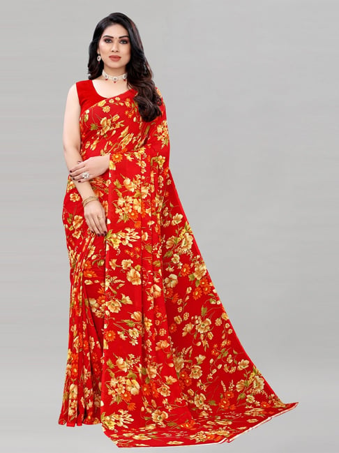 Satrani Red Georgette Floral Printed Saree with Blouse Price in India