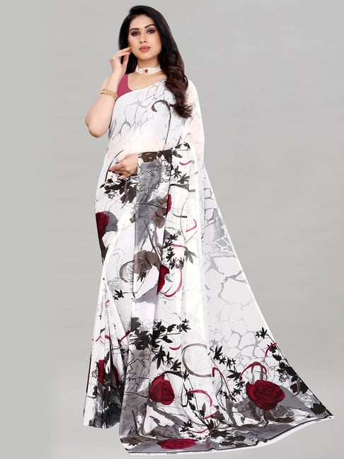 Satrani White Georgette Floral Printed Saree with Blouse Price in India