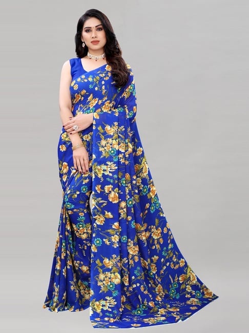 Satrani Royal Blue Georgette Floral Printed Saree with Blouse Price in India