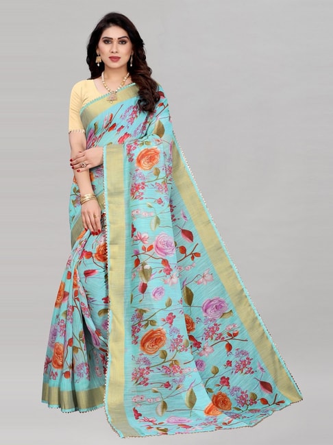Satrani Light Blue Poly Cotton Floral Printed Saree with Blouse Price in India