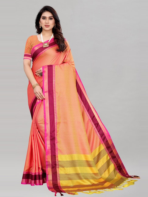 Satrani Orange Poly Cotton Weaving Saree with Blouse Price in India