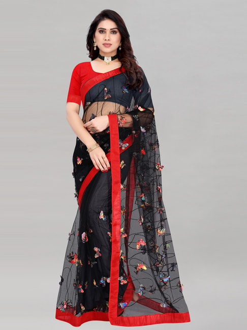 Satrani Black Net Satin Embroidery Saree with Blouse Price in India
