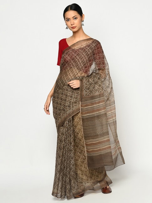 Fabindia Cotton Silk Hand Block Printed  Saree without Blouse Piece Price in India