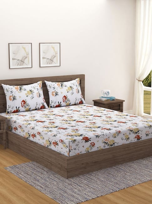 Swayam   Floral White & Yellow 200 TC Cotton King Bedsheet with 2 Pillow Covers-picture-48