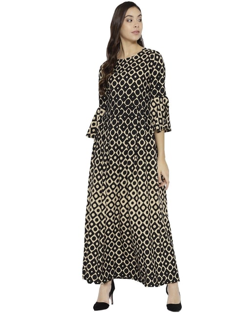 Cottinfab Black & Beige Printed Maxi Dress Price in India