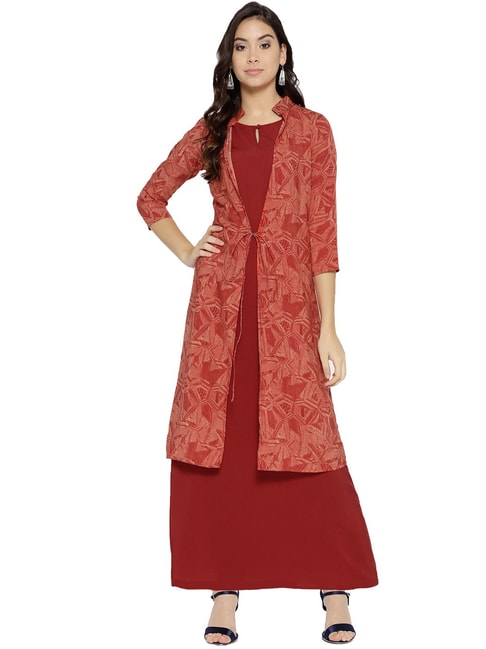 Cottinfab Maroon Printed Maxi Dress With Jacket Price in India
