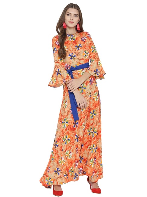 Cottinfab Orange Printed Maxi Dress Price in India