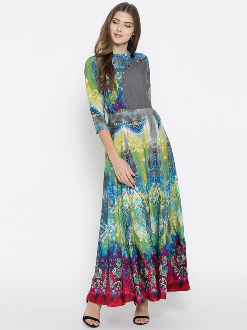 Cottinfab Multicolor Printed Maxi Dress Price in India